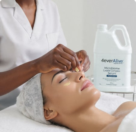 Person receiving a facial treatment with a bottle of 4everAlive product in the background.