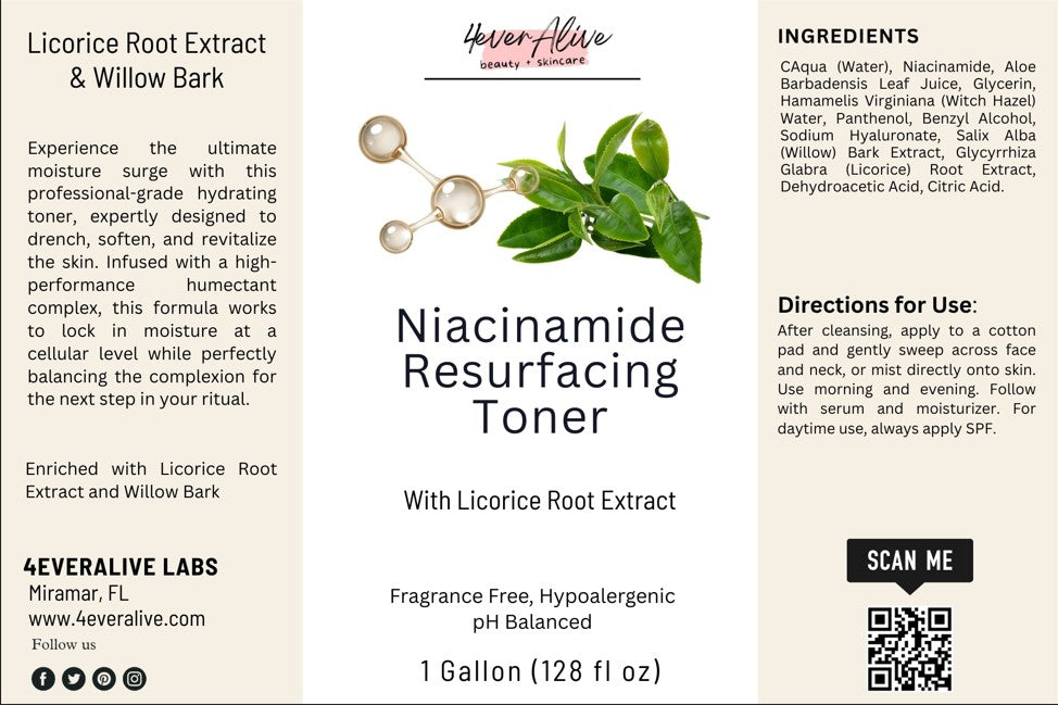 Label of Niacinamide Resurfacing Toner with Licorice Root Extract from 4EverAlive Labs.
