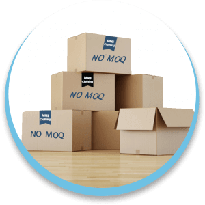 Stack of cardboard boxes with 'NO MOQ' label on a wooden floor.