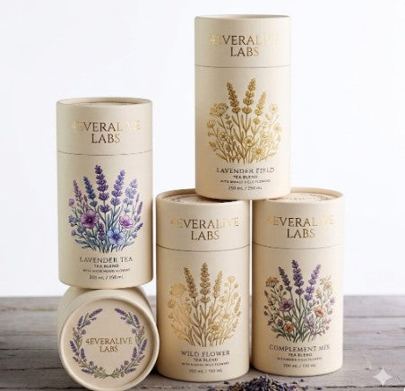 Collection of Everalive Labs product containers on a wooden surface with a white background