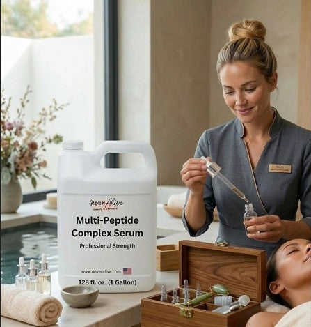Woman in a spa applsetting with applying Multi-Peptide Complex Serum from 4everalive Labs