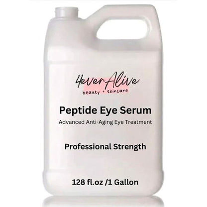 Gallon container of Peptide Eye Serum with 'Never Alive' branding on a white background