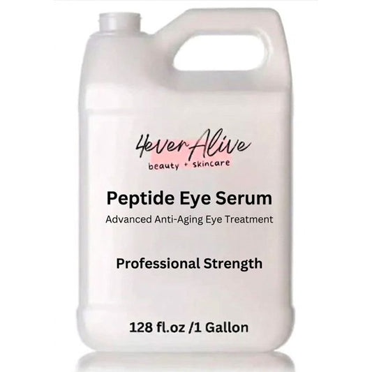Gallon container of Peptide Eye Serum with 'Never Alive' branding on a white background