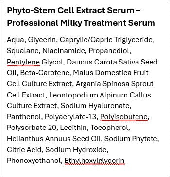 List of ingredients for Phyto-Stem Cell Extract Serum on a white background