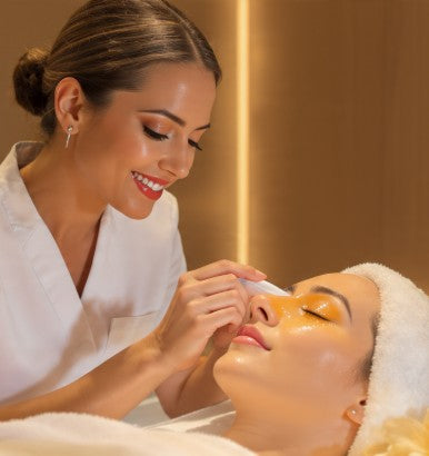 Woman receiving a facial treatment from another woman in a spa setting.