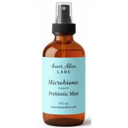 Amber glass bottle with a black spray nozzle labeled '4Ever Alive Labs Microbiome Support Prebiotic Mist' on a white background.