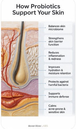 Diagram of skin layers with text explaining how probiotics support skin health.