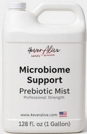 Gallon container of Microbiome Support Prebiotic Mist by 4ever Alive on a white background