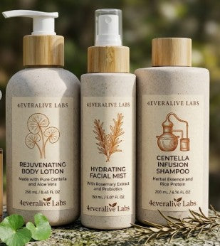 Three bottles of 4everalive Labs skincare products on a natural background