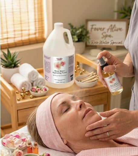 Woman receiving facial treatment with Rose Water Special products in a spa setting.