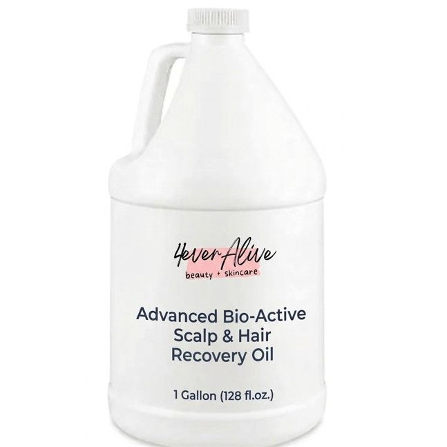Gallon container of '4everalive Labs' scalp and hair recovery oil on a white background