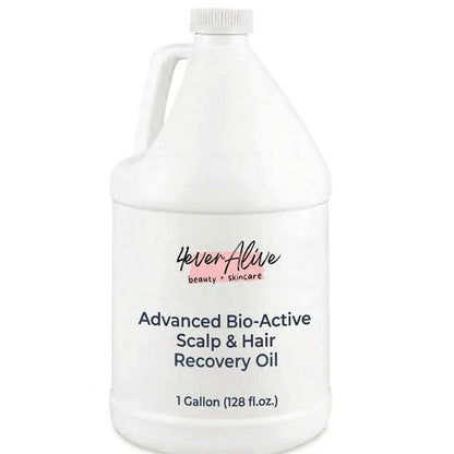 Gallon container of '4everalive Labs' scalp and hair recovery oil on a white background