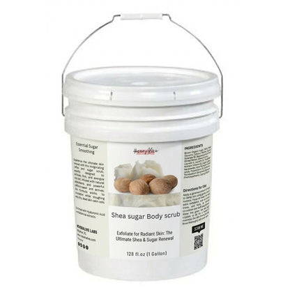 Shea sugar body scrub container with label on a white background