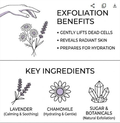 Exfoliation benefits and key ingredients with hand and floral illustrations on a white background