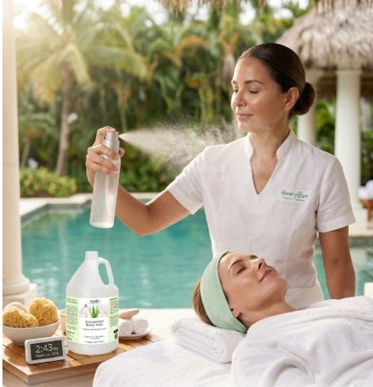 Woman in a spa setting applying a body mist to spa client's face with a pool and tropical plants in the background.