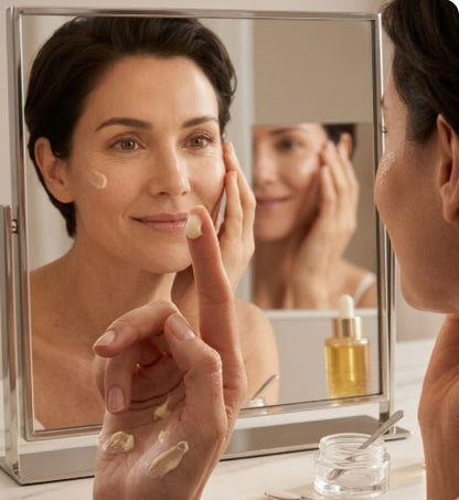 Woman applying triple Ceramide serum in her face.