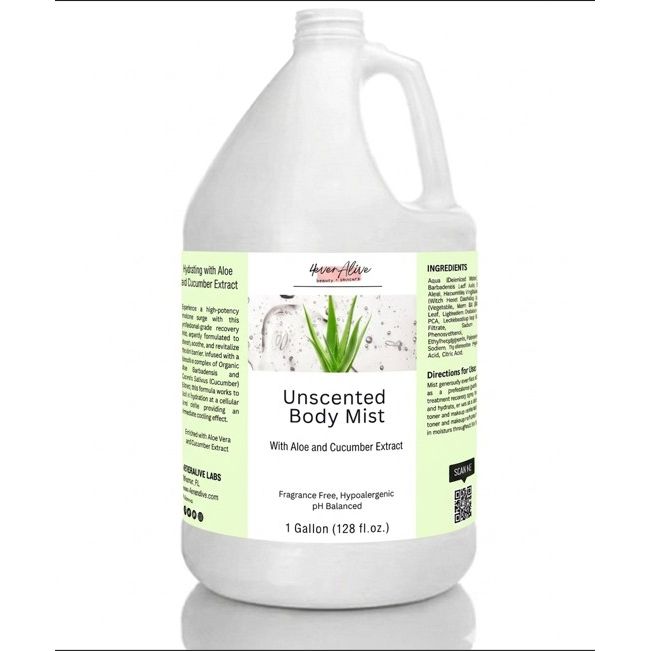 Gallon container of unscented body mist with aloe and cucumber extract on a white background