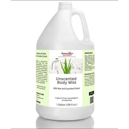Gallon container of unscented body mist with aloe and cucumber extract on a white background
