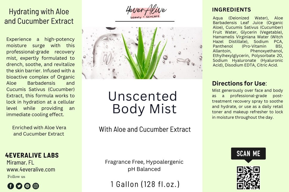 Label of a body mist with aloe and cucumber extract from 4EverAlive Labs.