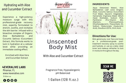 Label of a body mist with aloe and cucumber extract from 4EverAlive Labs.
