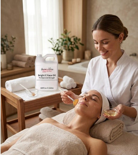 Woman receiving facial treatment with Bright C Face Oil in a spa setting