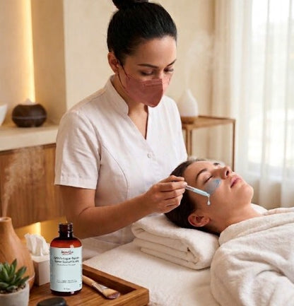 Woman receiving a facial treatment of Copper petide from 4everalive Labs in a spa setting with a bottle of skincare product on a tray.
