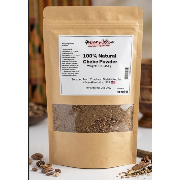 Package of 4EverAlive Chebe Powder on a white surface with a blurred background