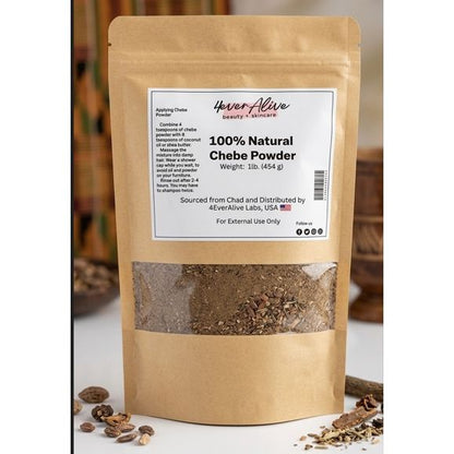 Package of 4EverAlive Chebe Powder on a white surface with a blurred background