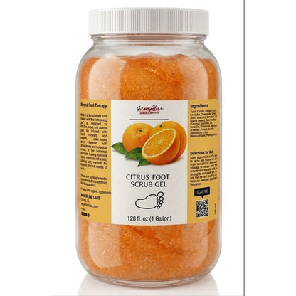 Jar of citrus foot scrub gel with a white lid on a white background