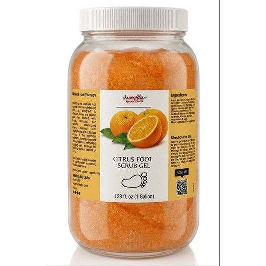 Jar of citrus foot scrub gel with a white lid on a white background