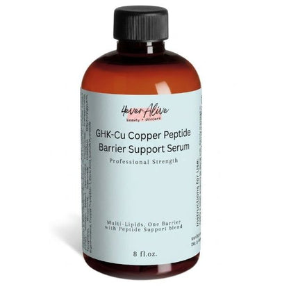 Bottle of GHK-Cu Copper Peptide Barrier Support Serum with a white label on a white background