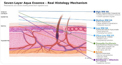 Diagram of Seven-Layer Aqua Essence Real Histology Mechanism with skin layers and HA types.