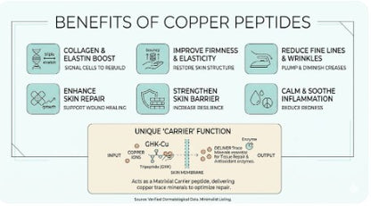 Diagram detailing the benefits of copper peptides with icons and text on a white background.